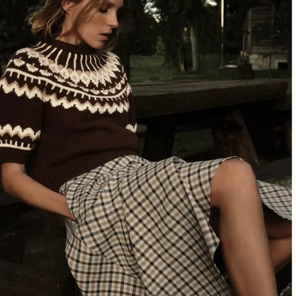 Zara Chocolate and Cream SHORT SLEEVE JACQUARD KNIT SWEATER fair isle sz small - Picture 2 of 8